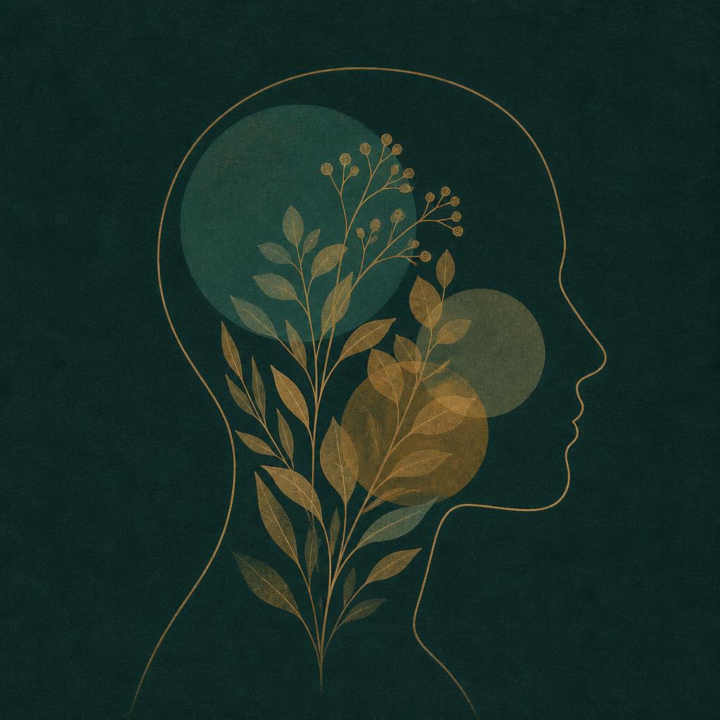 Line-art human head in profile with botanical shapes growing inside