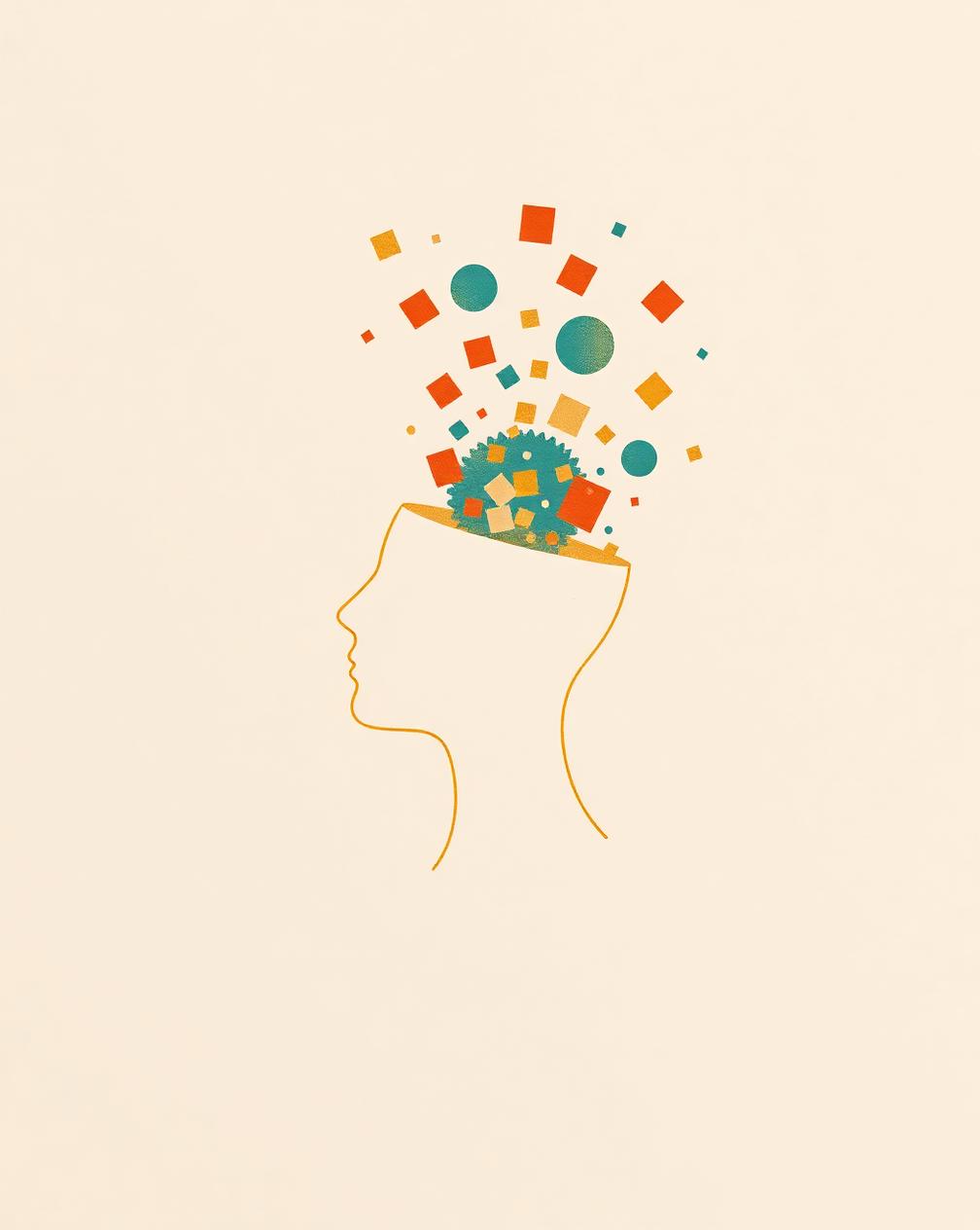 Golden line-art human profile with geometric fragments and translucent teal, terracotta, and amber shapes radiating outward on cream paper
