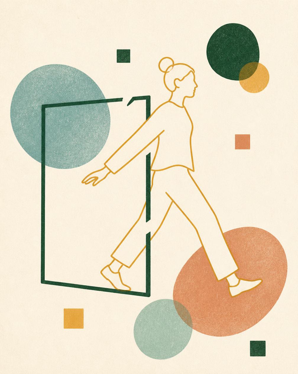 Golden line-art figure stepping out of a broken frame, surrounded by translucent teal and terracotta circles on cream paper