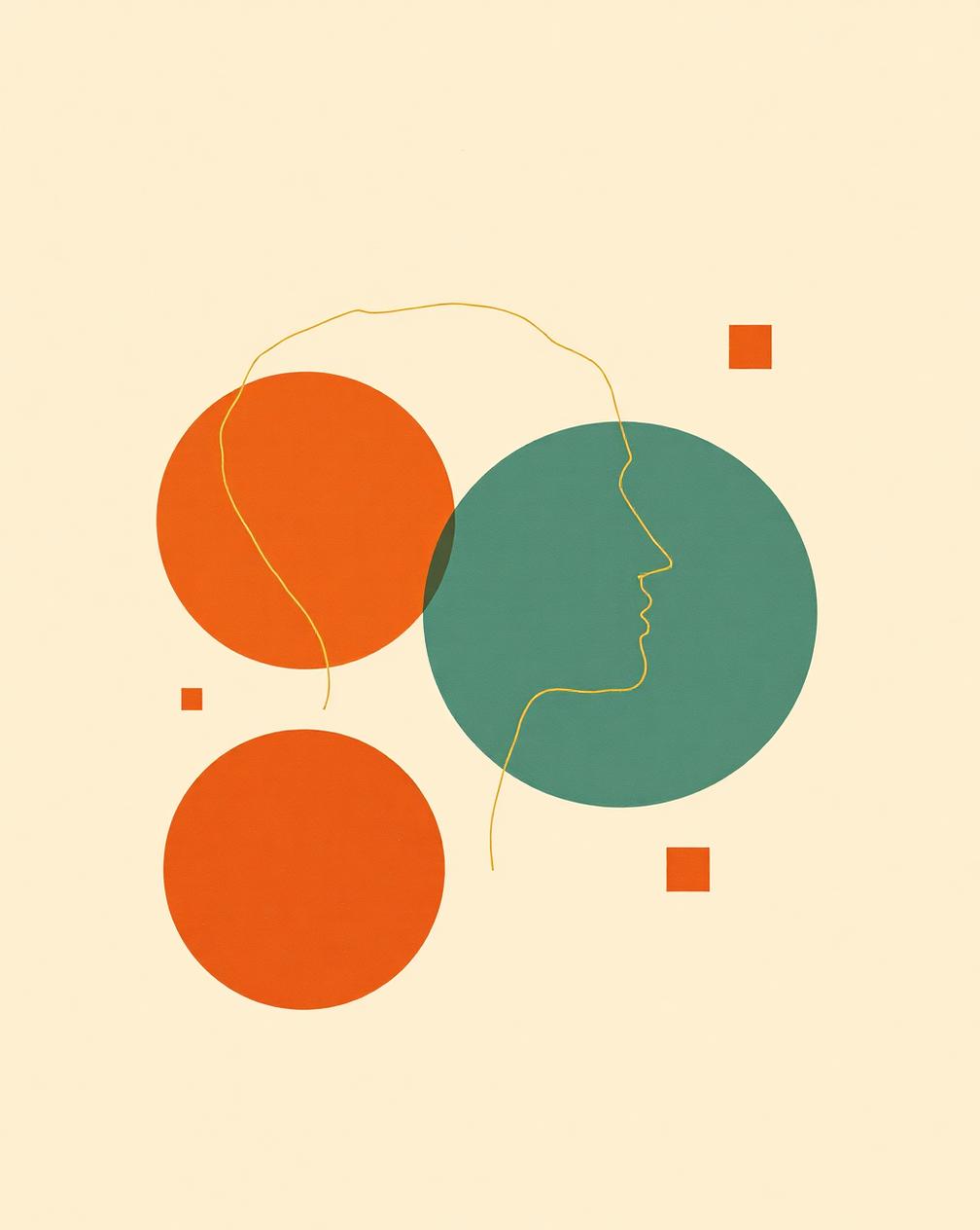 Golden line-art human profile overlapping translucent teal and terracotta circles on cream paper