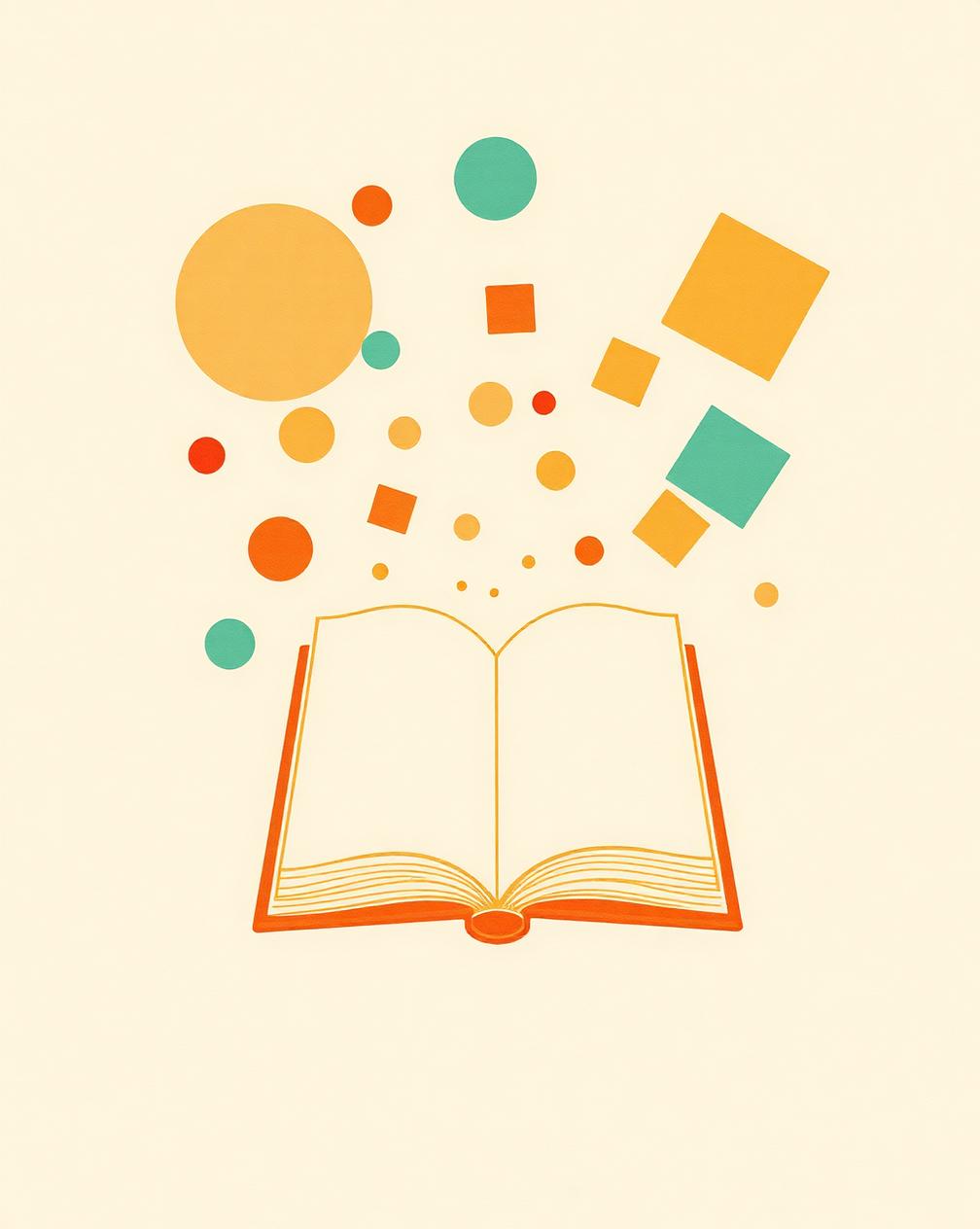 Golden line-art open handbook with translucent teal, amber, and terracotta circles and squares rising from the pages on cream paper
