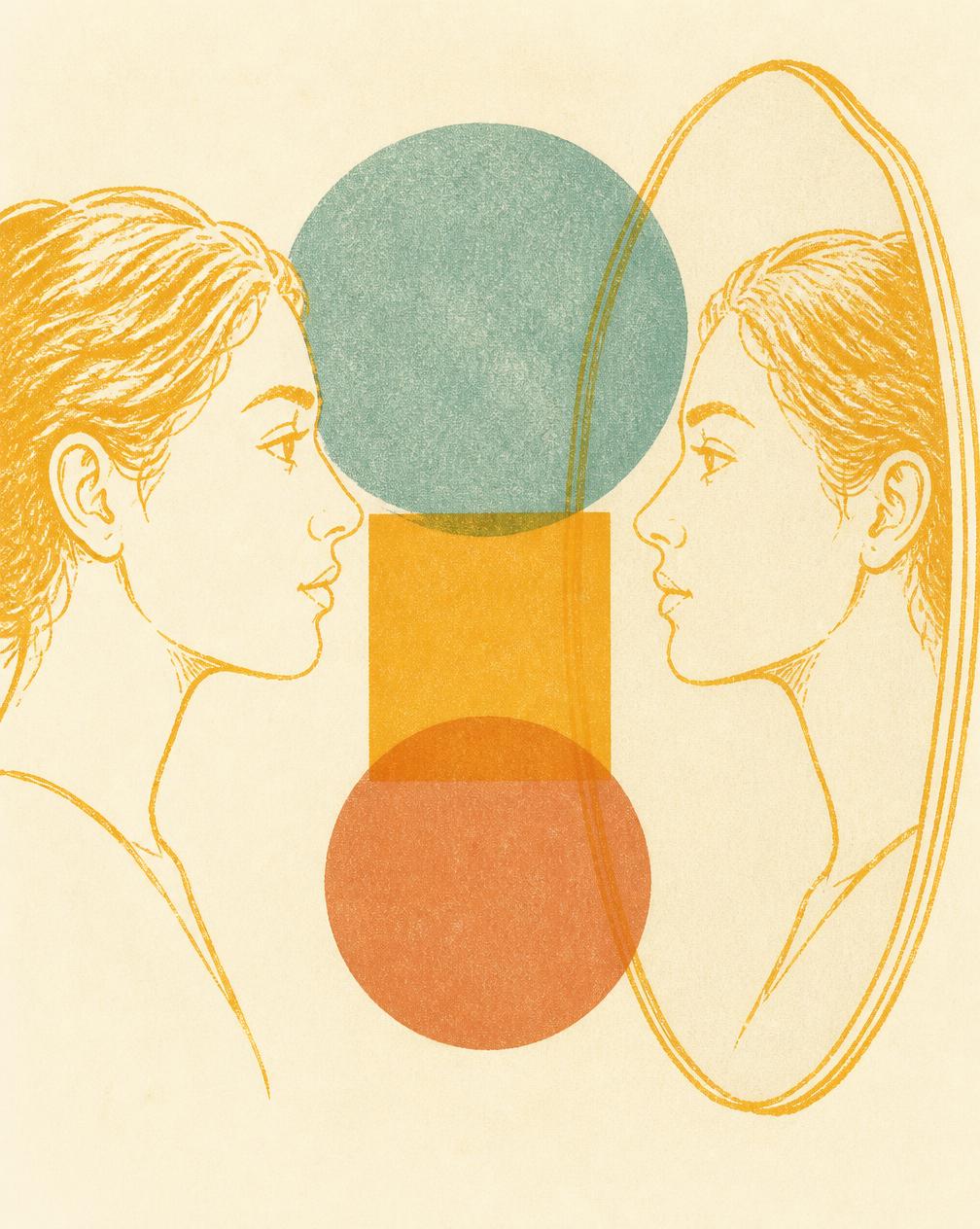 Golden line-art of two women's faces in profile facing each other, one mirrored, with translucent teal, amber, and terracotta shapes between them on cream paper