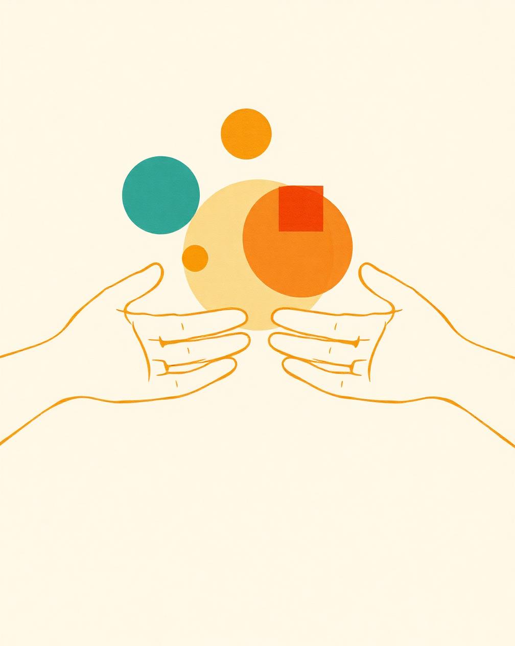 Golden line-art of two open hands facing each other across a gap, with translucent teal, amber, and terracotta circles and squares floating between them on cream paper