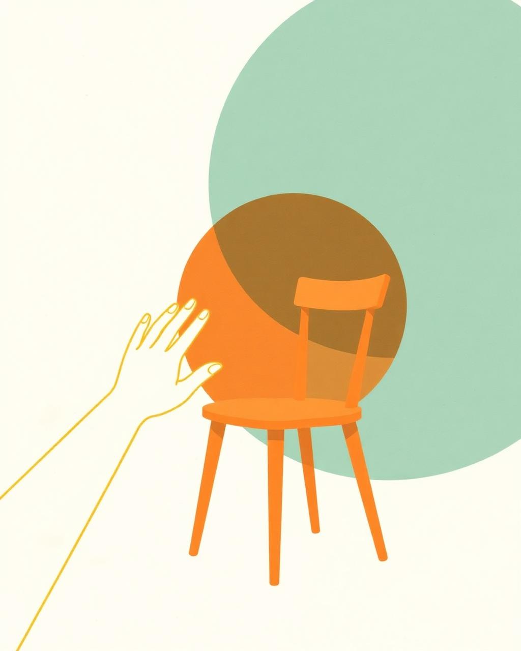 Golden line-art hand reaching toward a simple chair, with translucent teal and terracotta circles on cream paper