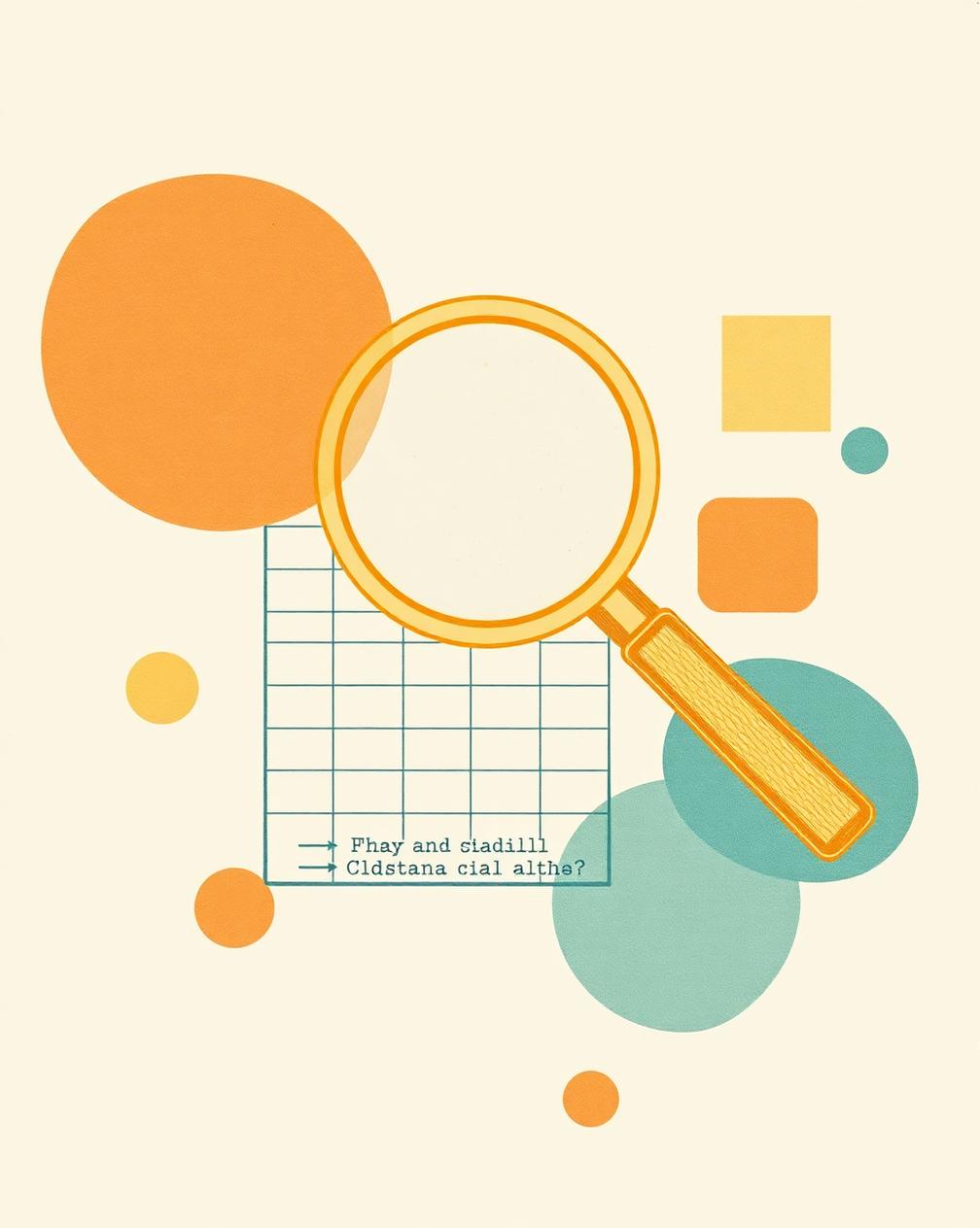 Golden line-art magnifying glass over a spreadsheet grid with tiny formula-bar text, surrounded by translucent teal, amber, and terracotta circles and squares on cream paper