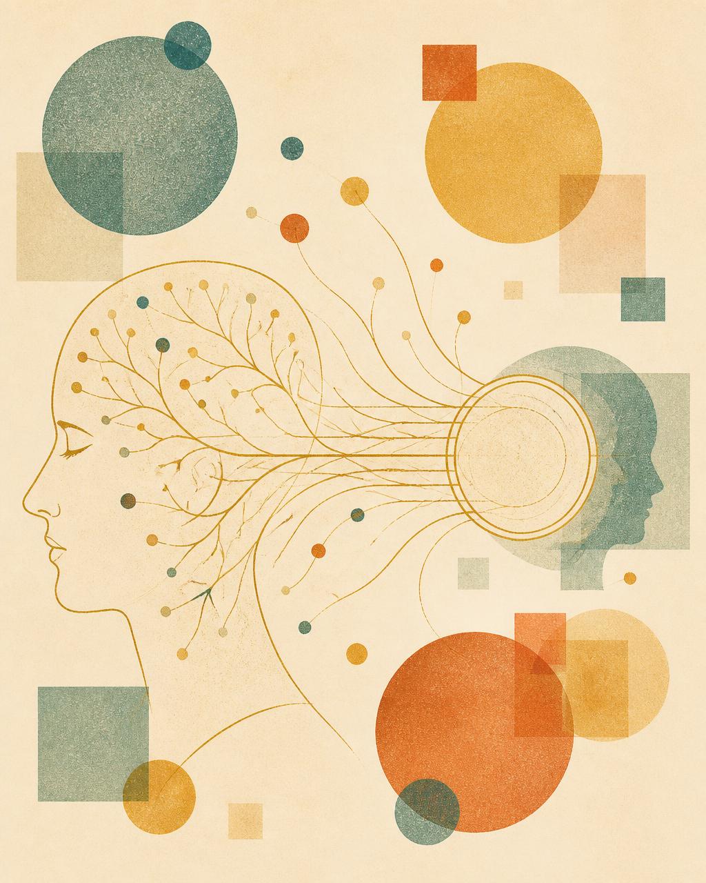 Golden line-art human head in profile with branching thought-pathways and a responsive dialogue surface, surrounded by translucent teal, amber, and terracotta circles and squares on cream paper