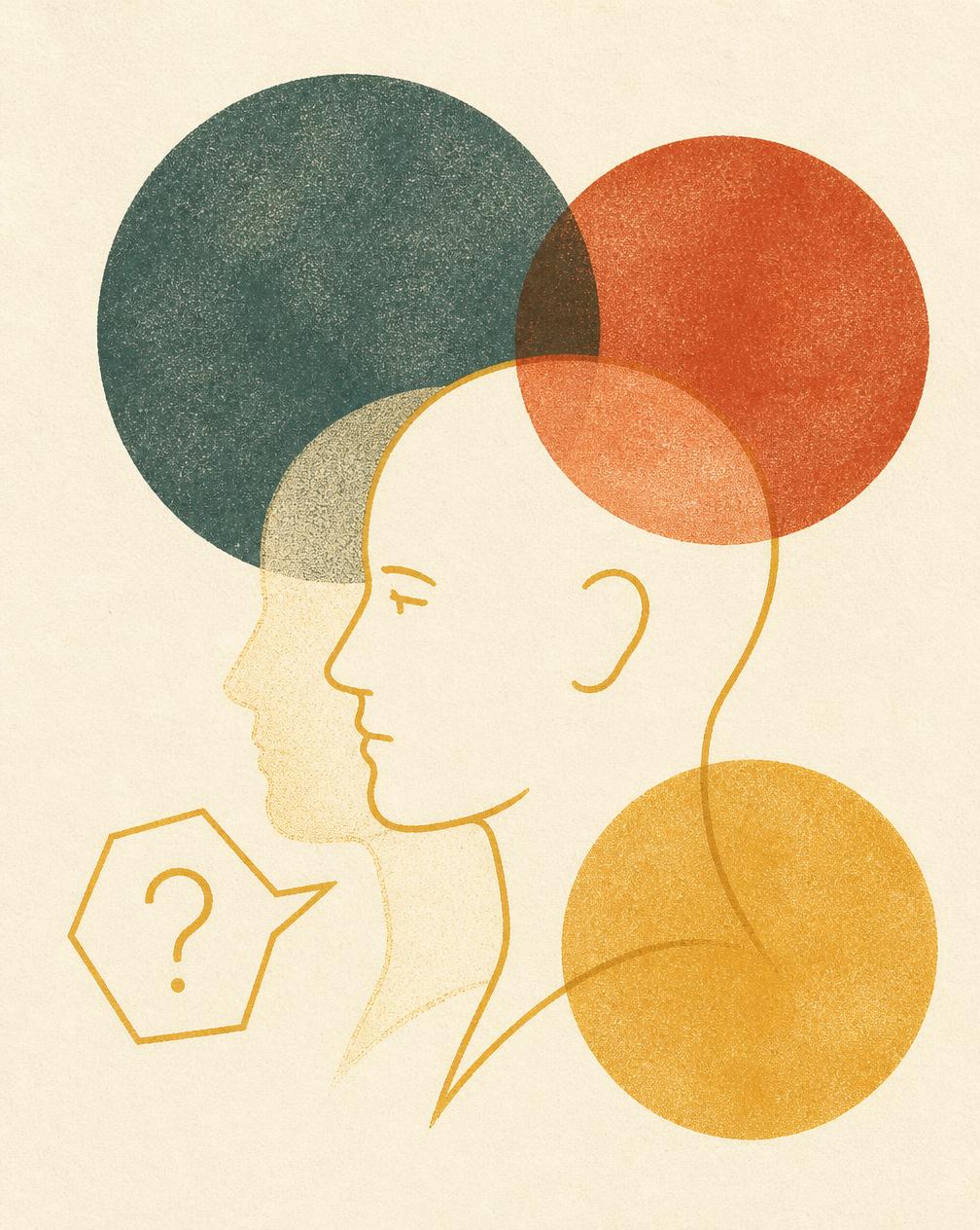 Golden line-art human profile with a translucent reflected face, a question-mark speech bubble, and overlapping teal, terracotta, and amber circles on cream paper